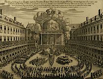 Anonym: Roß-Ballett auf dem Josefsplatz der Hofburg, Januar 1667. Orig. Kupferstich aus Matthäus Merian "Theatrum Europaeum, Frankfurt/Main, Merian, (1703). (Don Juan Archiv Wien)